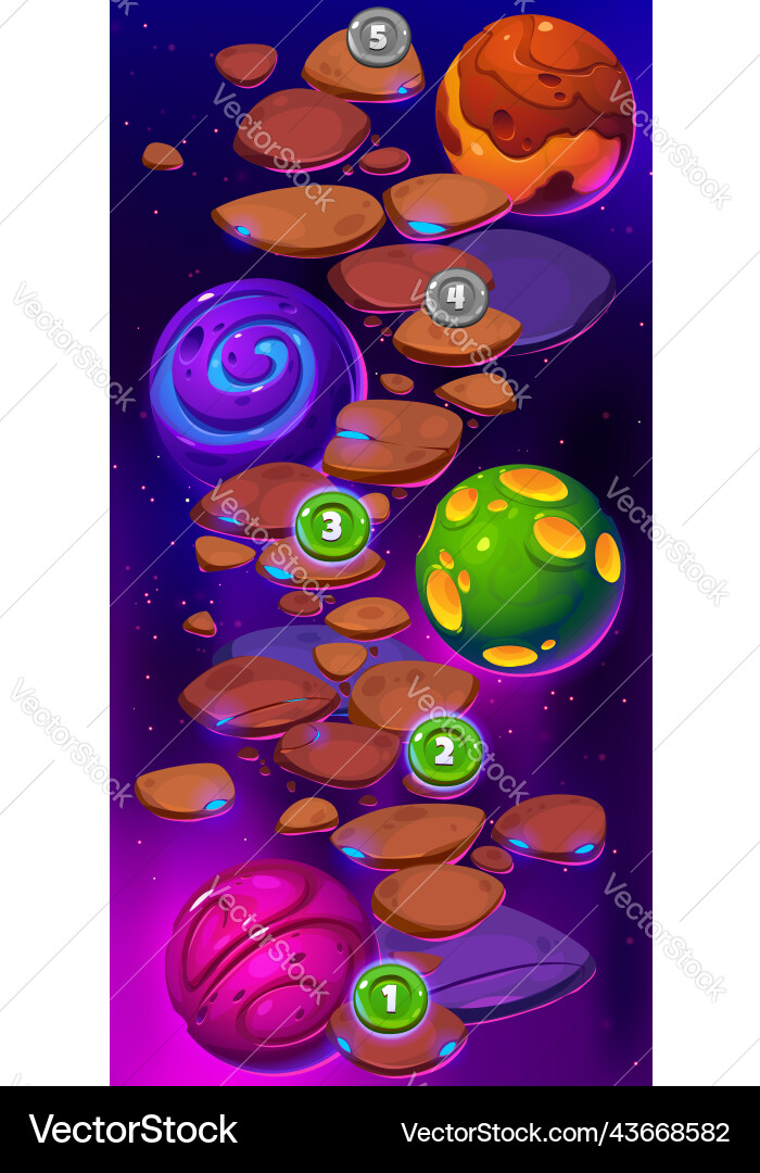 Game ui level map with space planets rocks path vector image