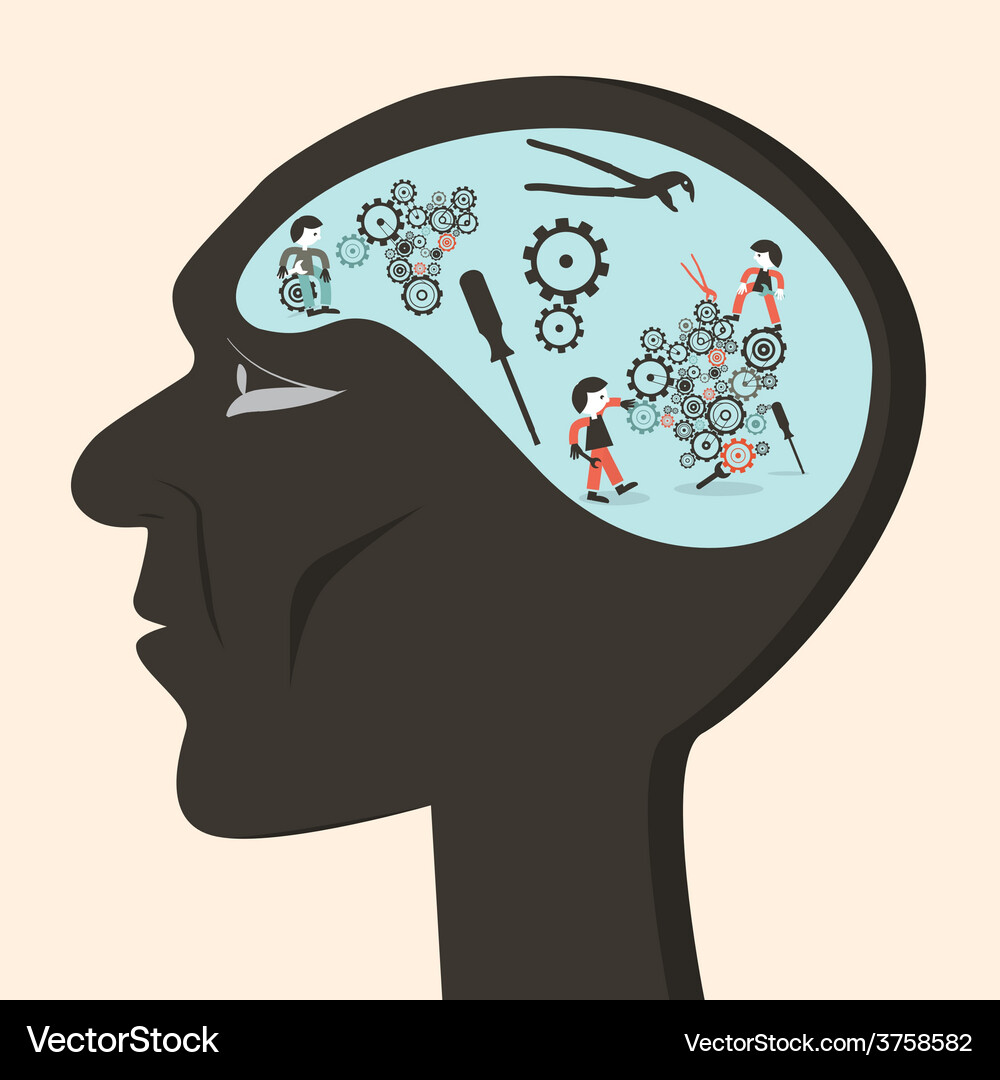 Man head with cogs and workers Vector Image