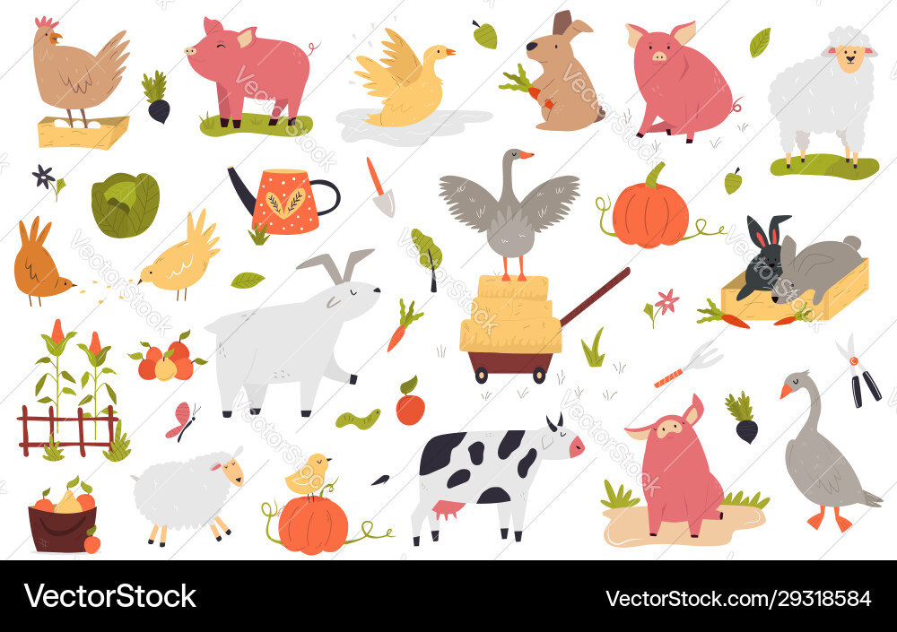 Big set funny cute farm animals vector image