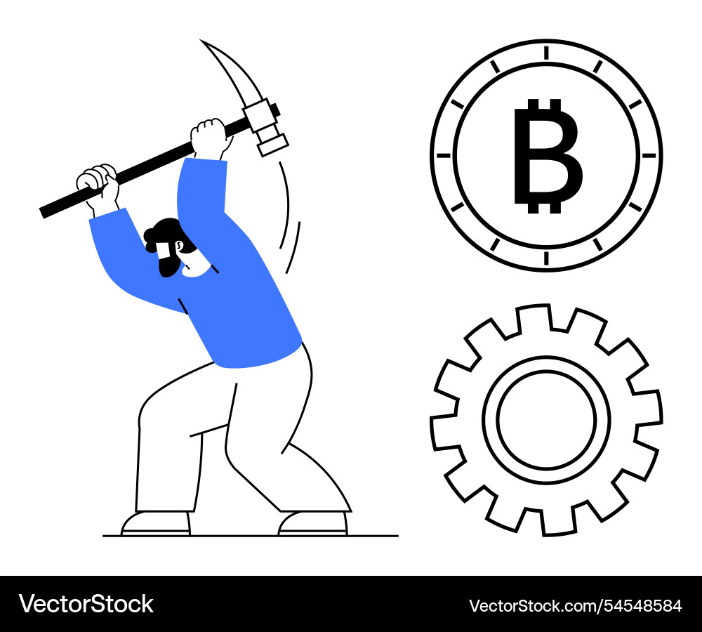 Character mining cryptocurrency with pickaxe next Vector Image