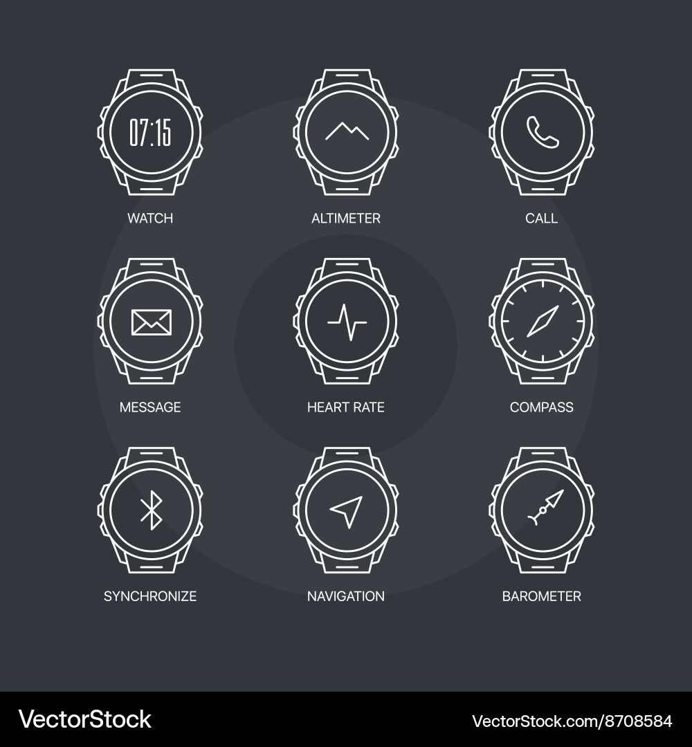 Smart Watch Function Icons - Line Art Vector Image