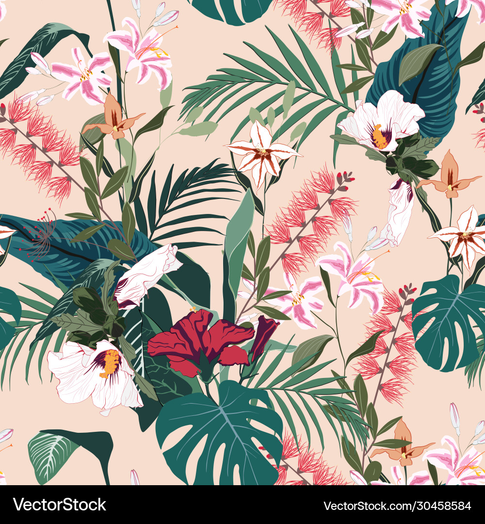Tropical Flowers & Leaves Pattern Vector Image