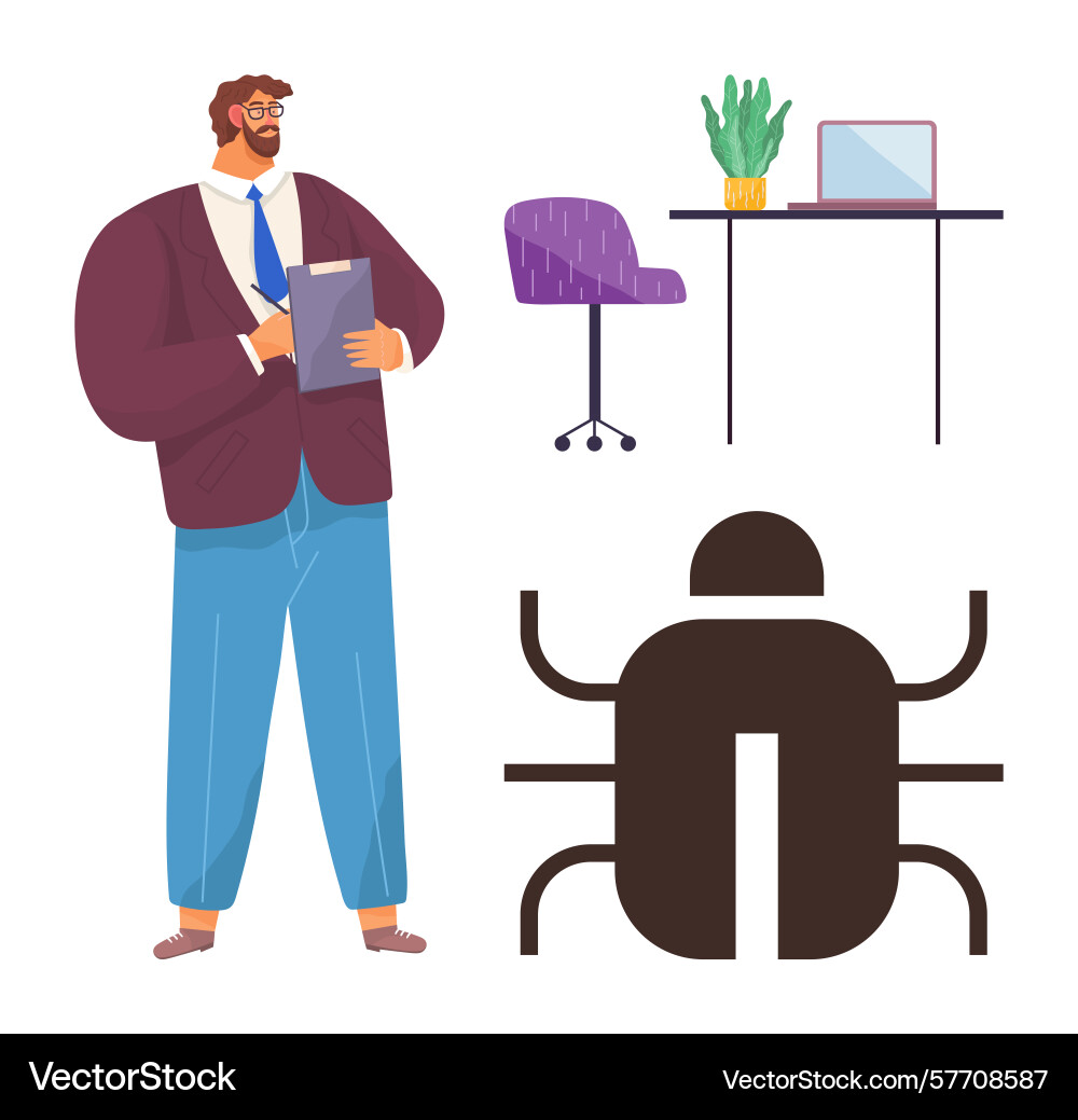 Office worker with clipboard analyzing bug report Office worker with clipboard analyzing bug report vector image