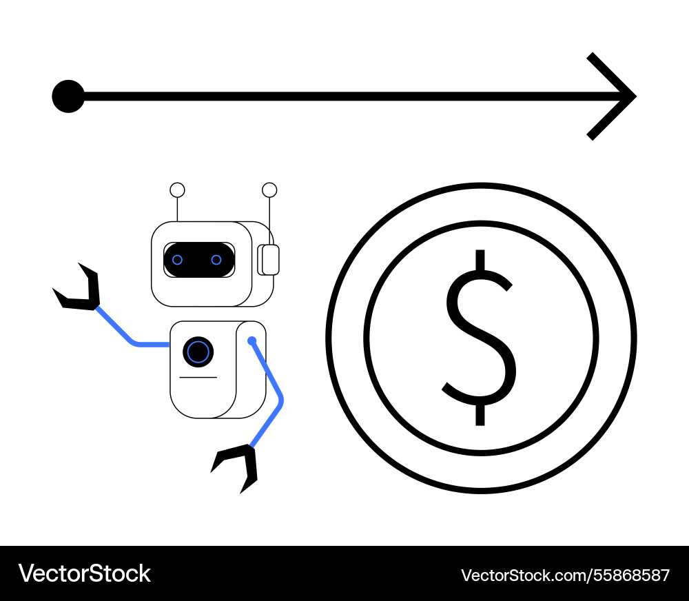 Robot with coin and arrow representing automation Robot with coin and arrow representing automation vector image