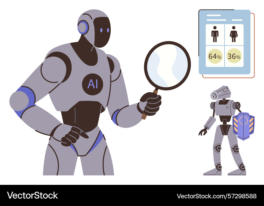 Ai robot analyzing data with magnifying glass Ai robot analyzing data with magnifying glass vector image