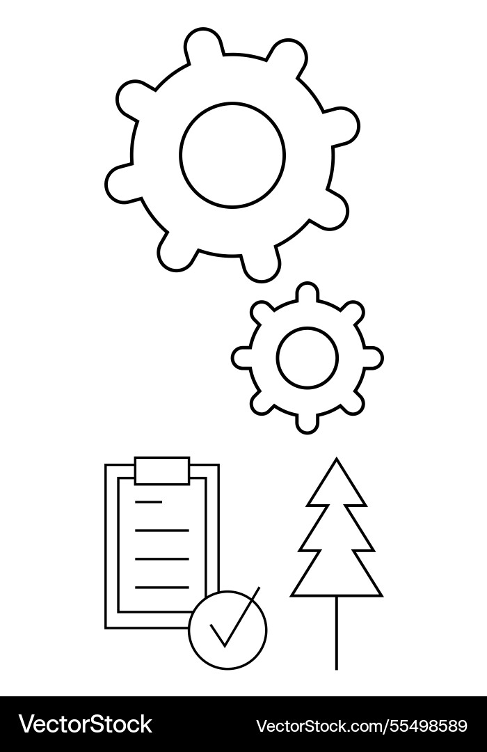 Gears with checklist and tree representing Gears with checklist and tree representing vector image
