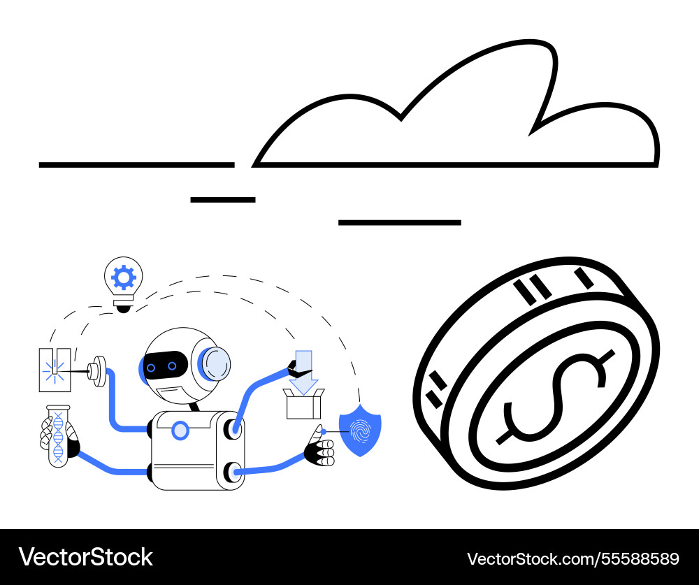 Multi-tasking robot performing various tasks under Multi-tasking robot performing various tasks under vector image