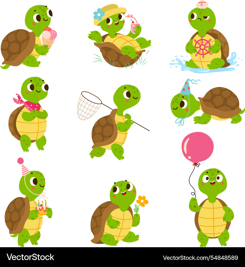 Turtle characters in different poses turtles Turtle characters in different poses turtles vector image