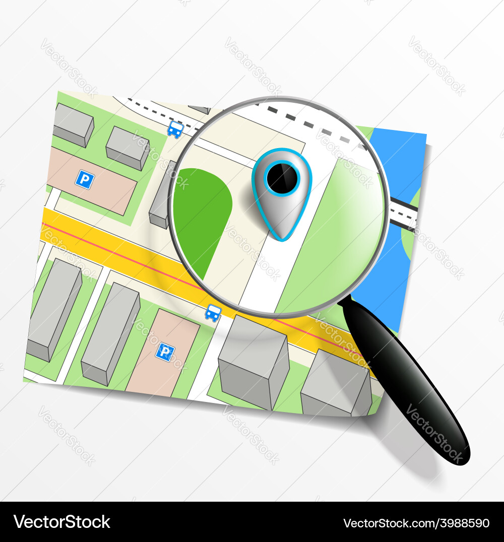 Pointer on the map and magnifying glass vector image