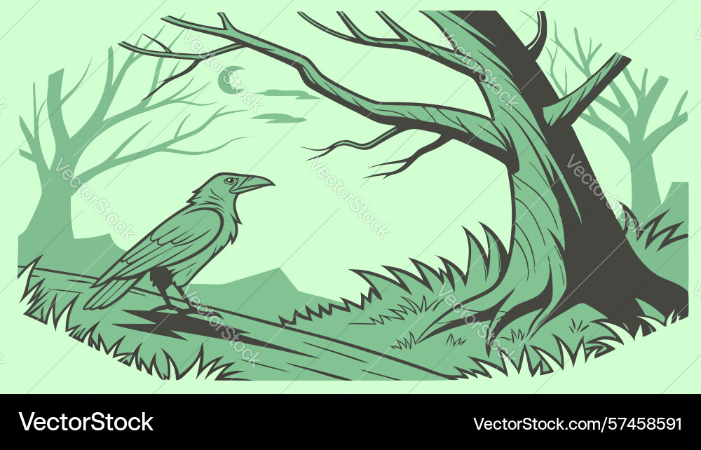 Mysterious crow on branch in a shadowed forest vector image