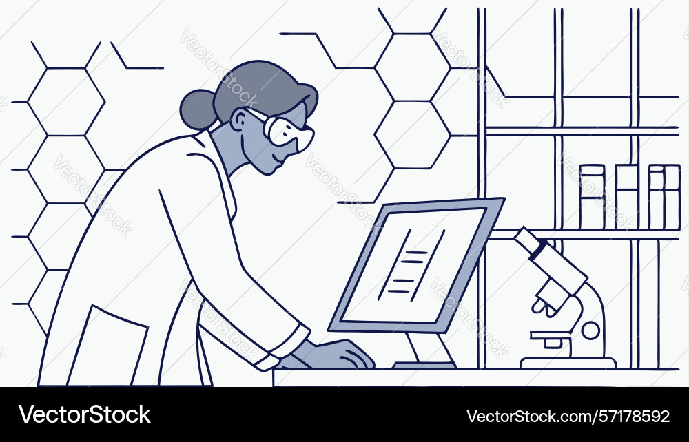 Scientist working on computer with microscope Vector Image