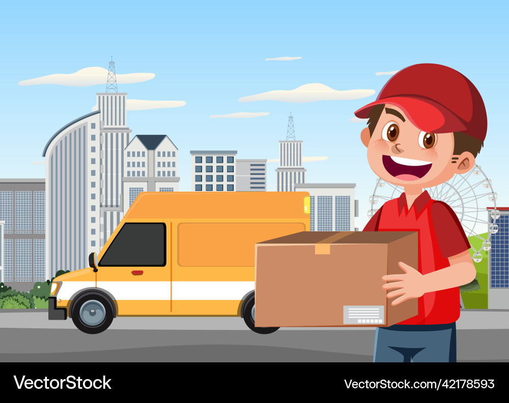 Liefermann mit Paket in der Stadt Liefermann mit Paket in der Stadt vektorbild