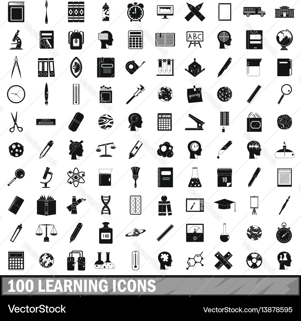 100 learning icons set simple style 100 learning icons set simple style vector image