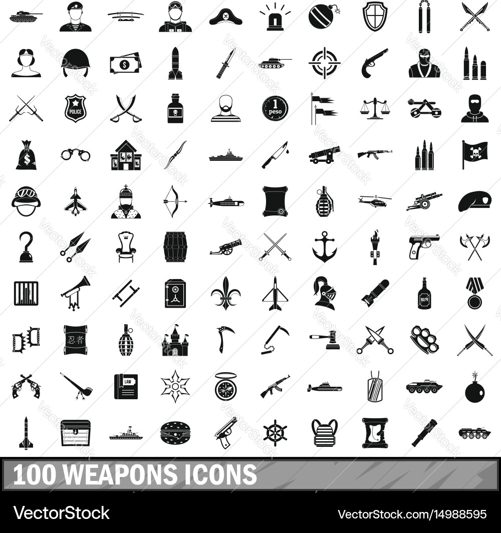 100 weapons icons set simple style vector image