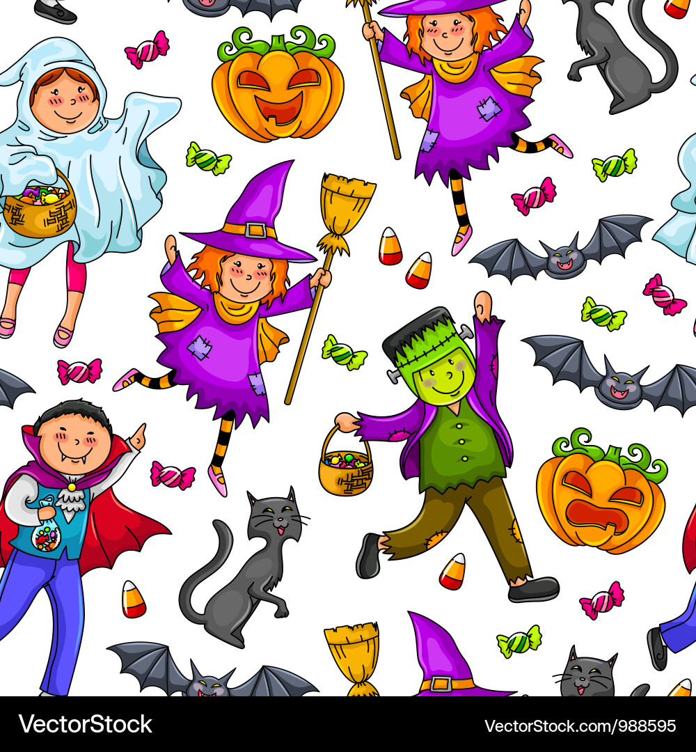 Halloween Pattern - Kids & Pumpkins vector image