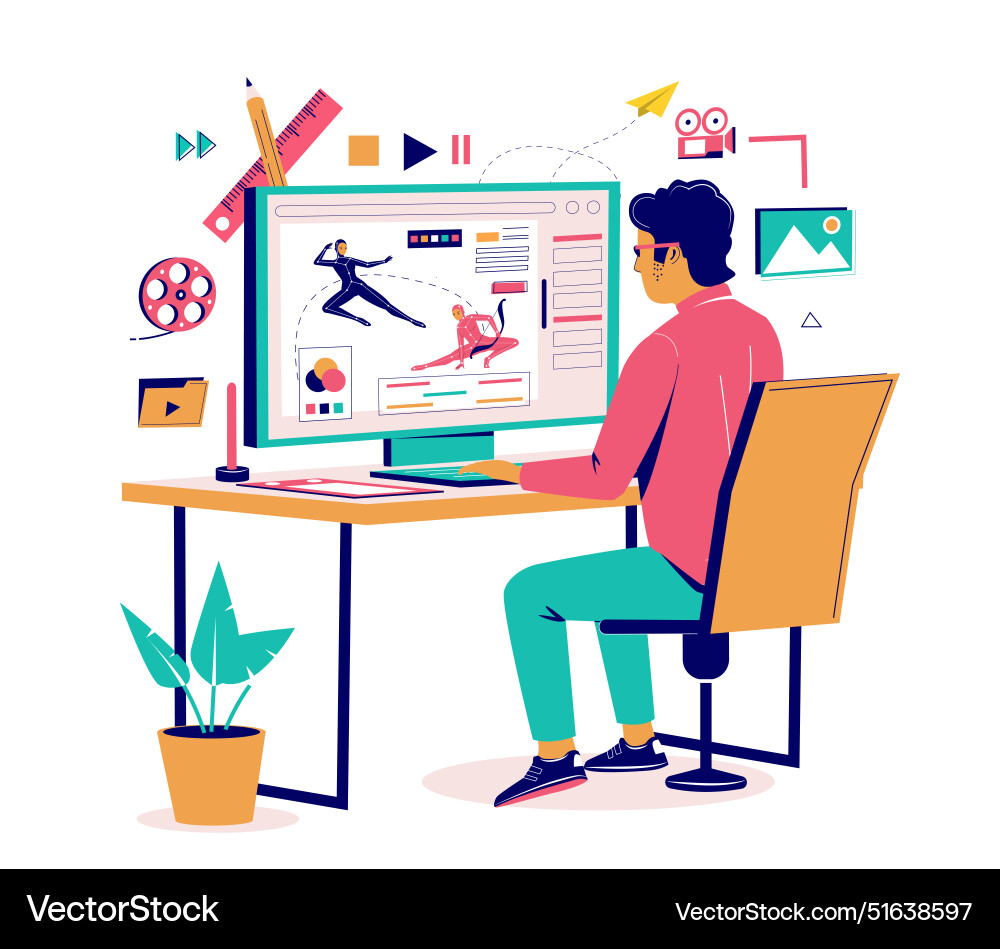 Animation designer at computer with video motion Animation designer at computer with video motion vector image