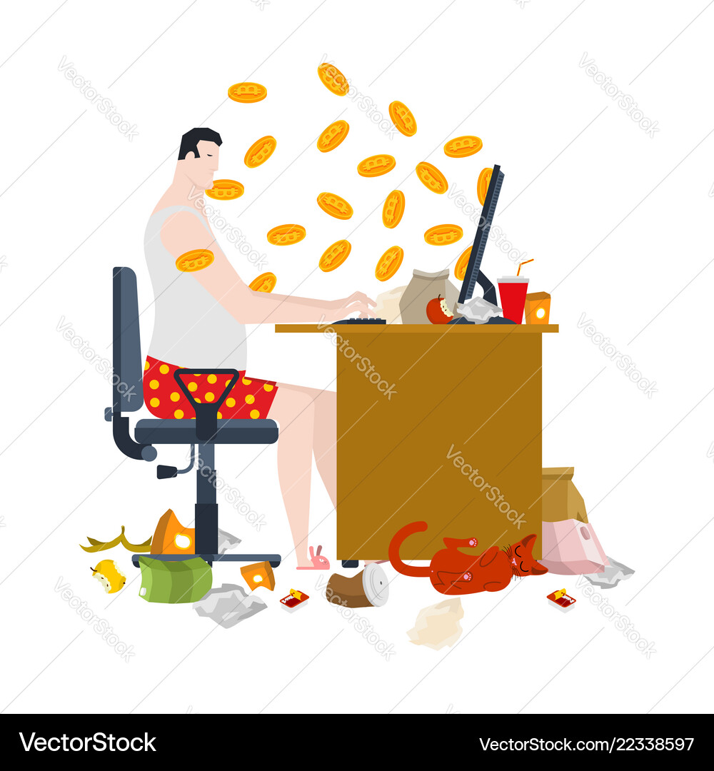 Home mining bitcoin man is sitting on pc – Royalty-Free Vector | VectorStock
