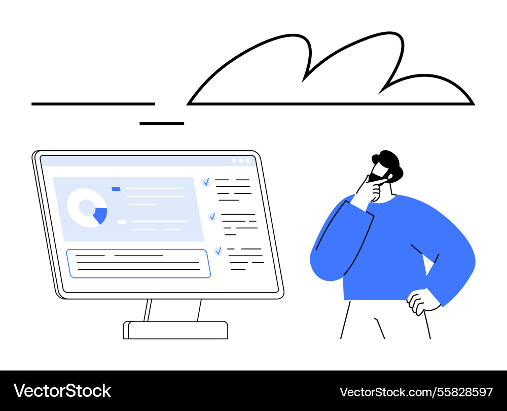 Man analyzing data on desktop monitor with cloud Man analyzing data on desktop monitor with cloud vector image