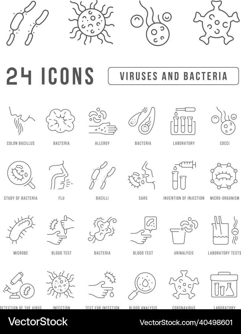 Set of linear icons viruses and bacteria Set of linear icons viruses and bacteria vector image
