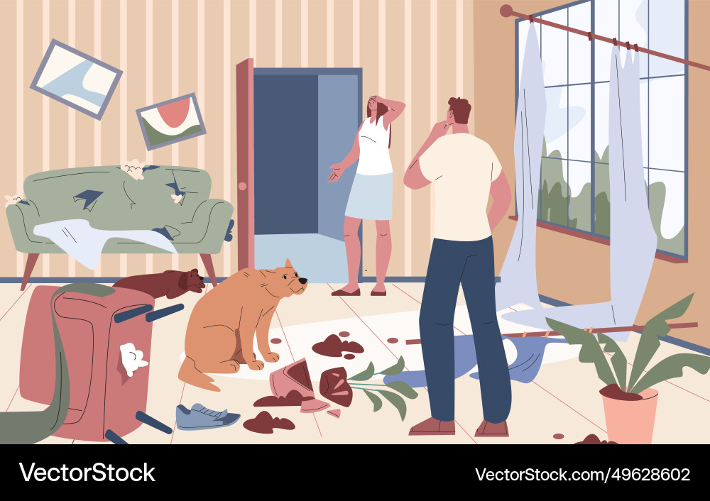 Welpen zerstören Haus junge Hund in frechen Raum Welpen zerstören Haus junge Hund in frechen Raum vektorbild