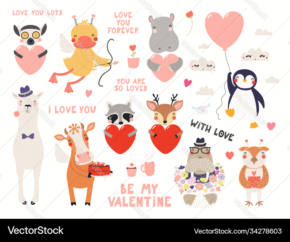 Cute animals valentine set Cute animals valentine set vector image
