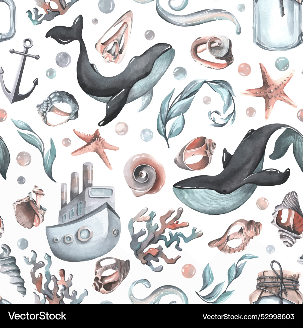 Nautical seamless pattern with whales shells Vector Image