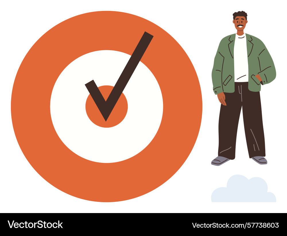Smiling man standing beside large red target Smiling man standing beside large red target vector image