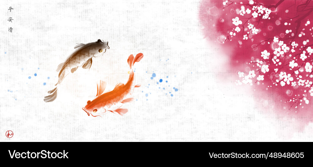 Couple of koi carps swimming under the pink Couple of koi carps swimming under the pink vector image
