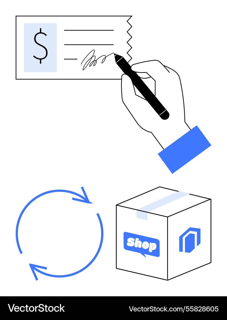 Hand signing check with return arrows and delivery Hand signing check with return arrows and delivery Vector Image