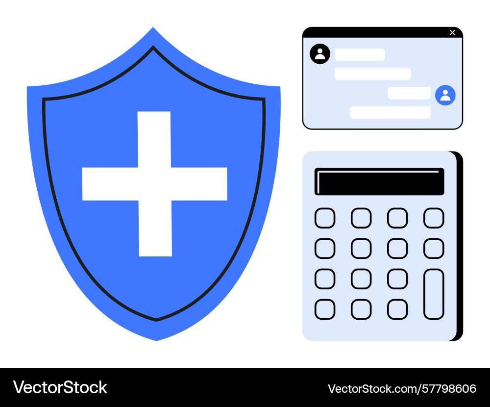 Shield with cross calculator and chat window Shield with cross calculator and chat window vector image