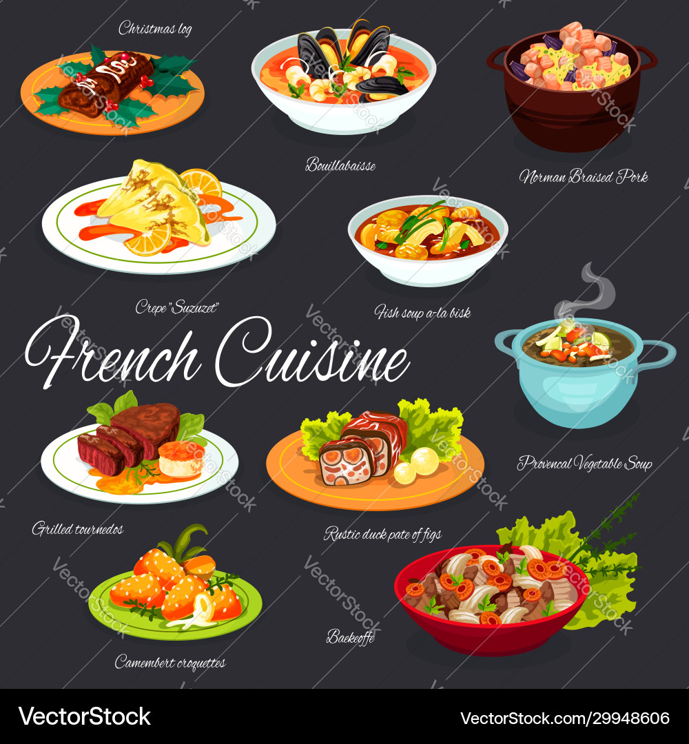 Traditional french meals france cuisine menu Traditional french meals france cuisine menu vector image