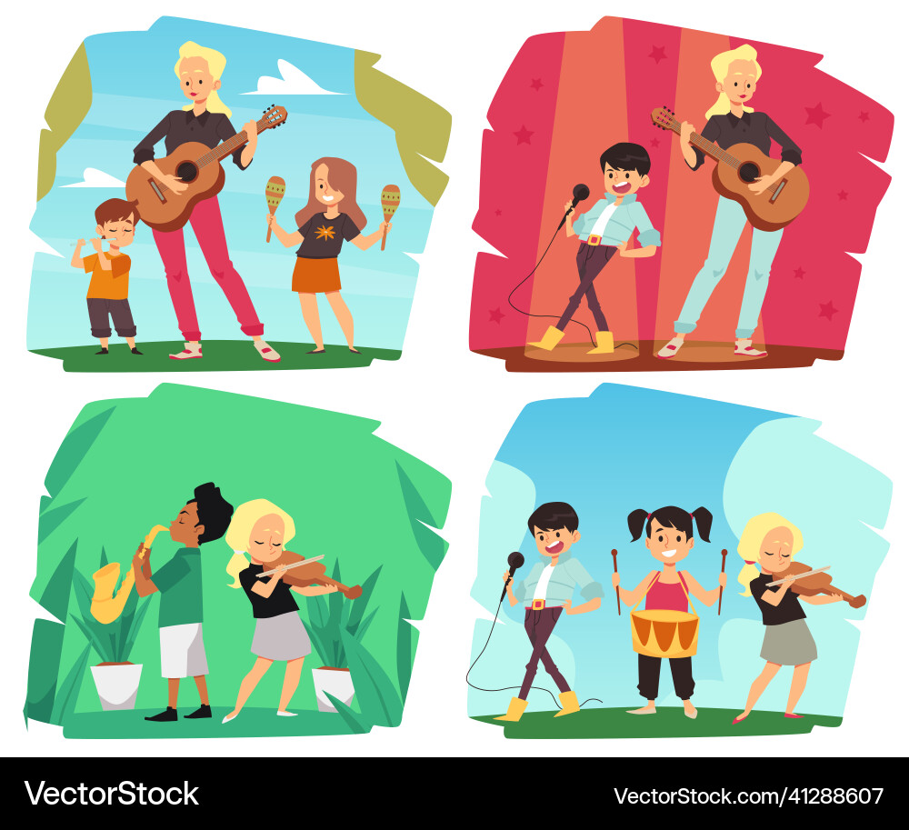 Children play musical instruments and singing Children play musical instruments and singing Vector Image