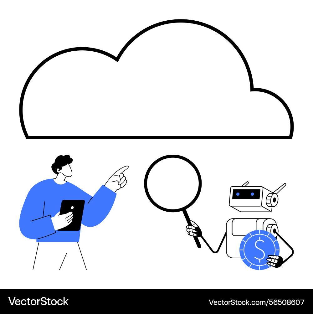 Man with tablet and robot analyzing data under Man with tablet and robot analyzing data under vector image