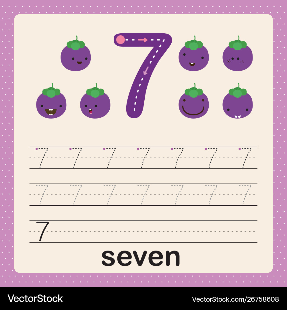 Number 7 card for kids learn to count and write Number 7 card for kids learn to count and write vector image