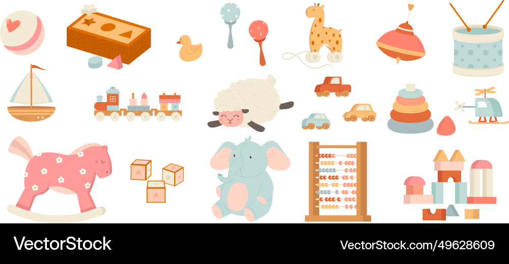 Kinderspielzeug Kunststoff Holz und Plüsch Spielzeug Kinderspielzeug Kunststoff Holz und Plüsch Spielzeug vektorbild