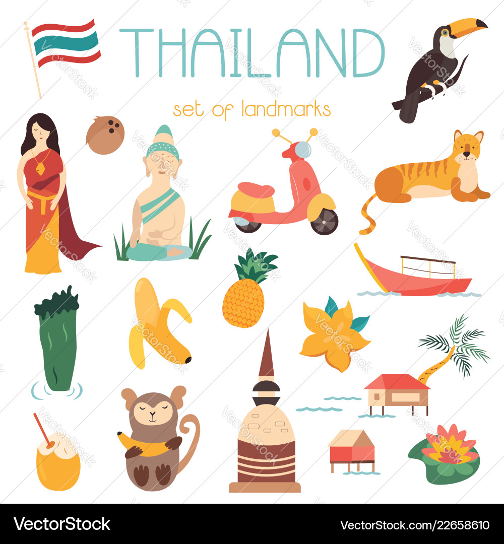 Big cartoon set of thai landmarks symbols animals Big cartoon set of thai landmarks symbols animals Vector Image