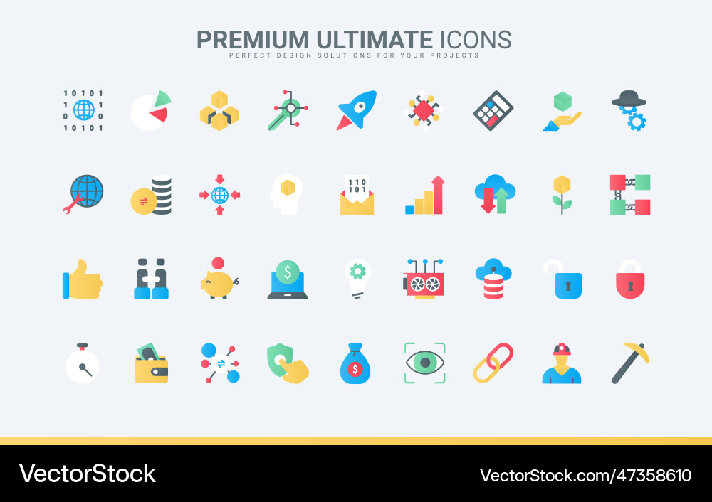 Bitcoin blockchain trendy flat color icons set vector image