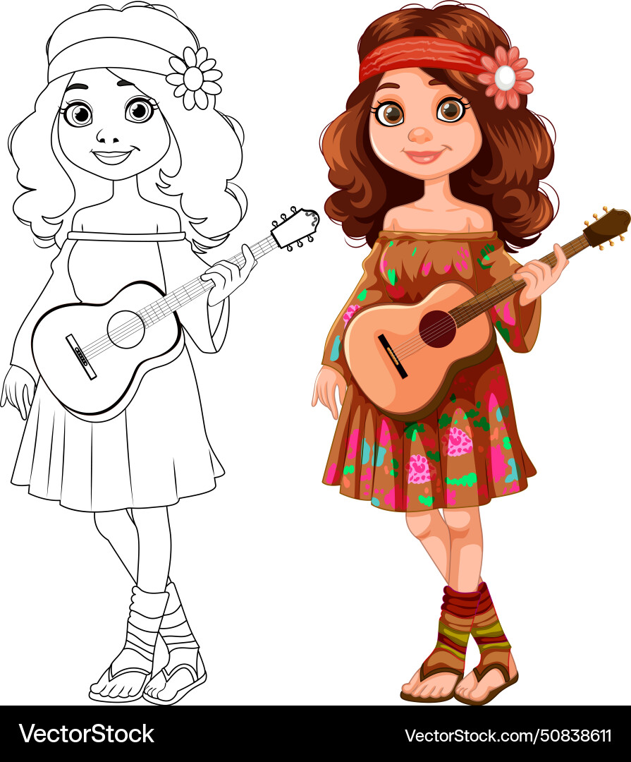 Colorful and line art of a girl holding guitar vector image