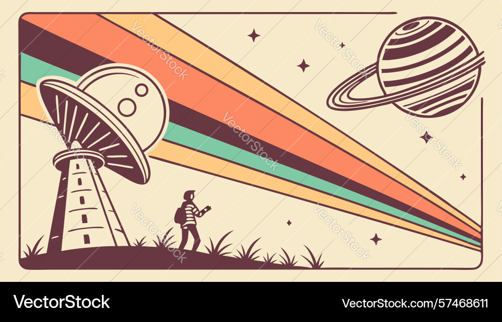 Retro sci-fi scene with ufo and astronaut vector image