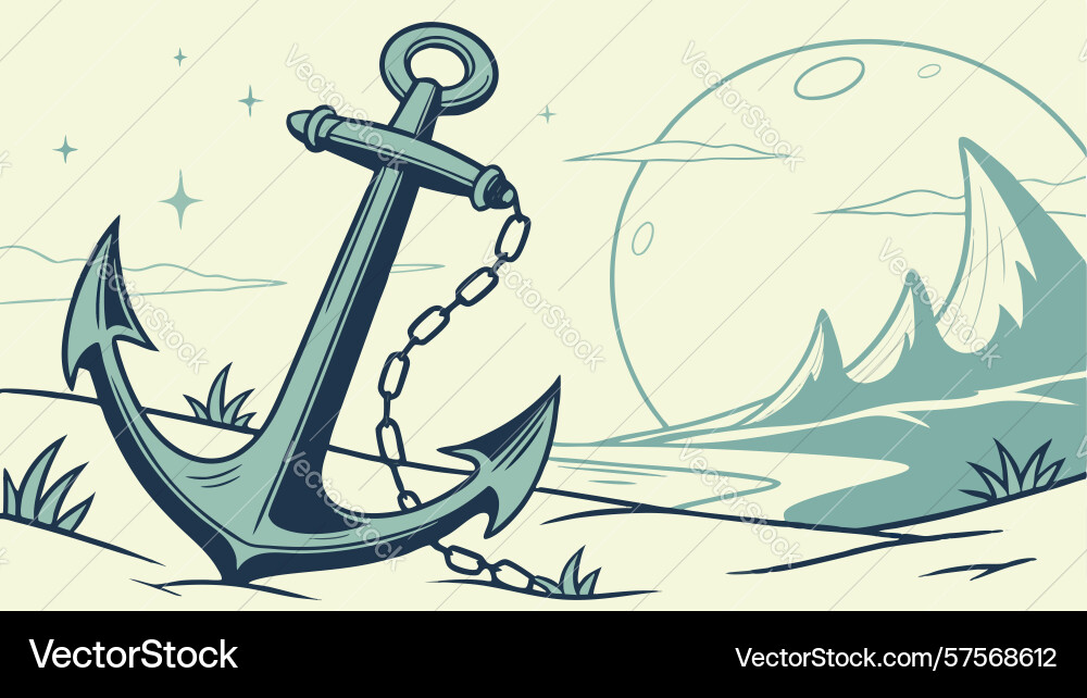 Anchor with chain on simple ocean floor design Vector Image