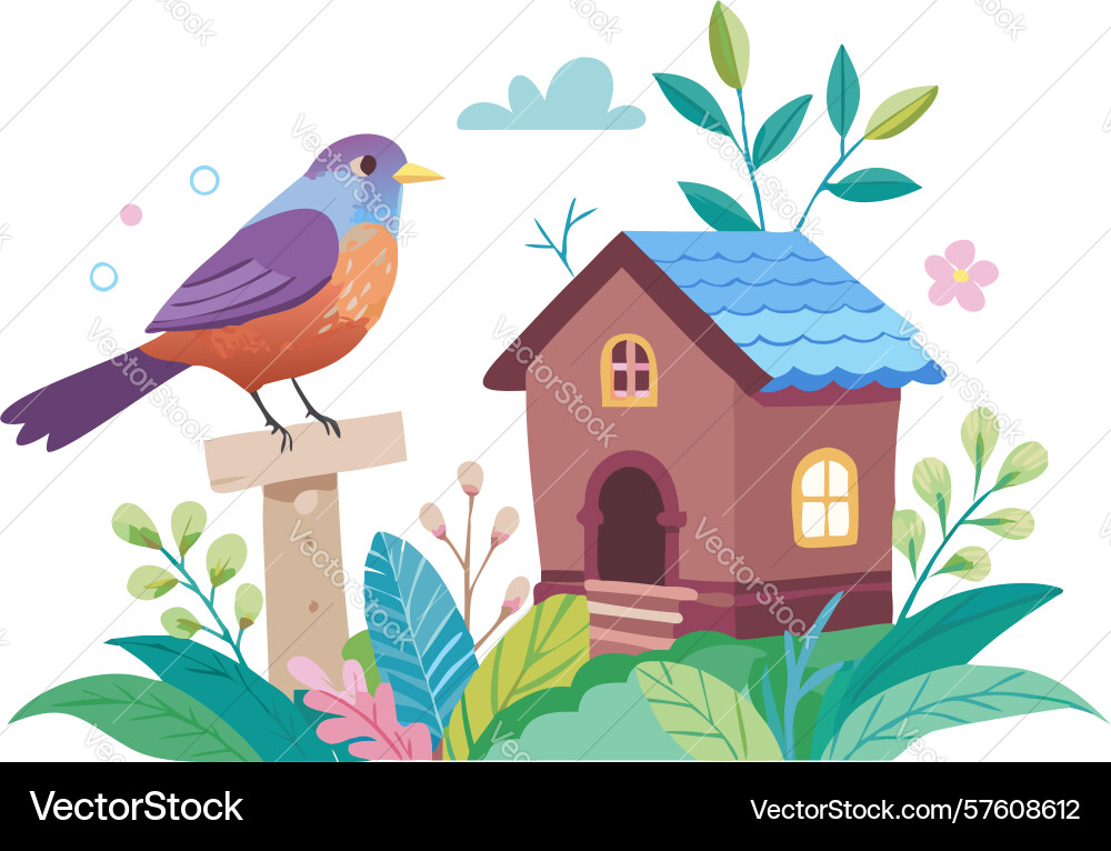 Bird with birdhouse on branch design generative vector image
