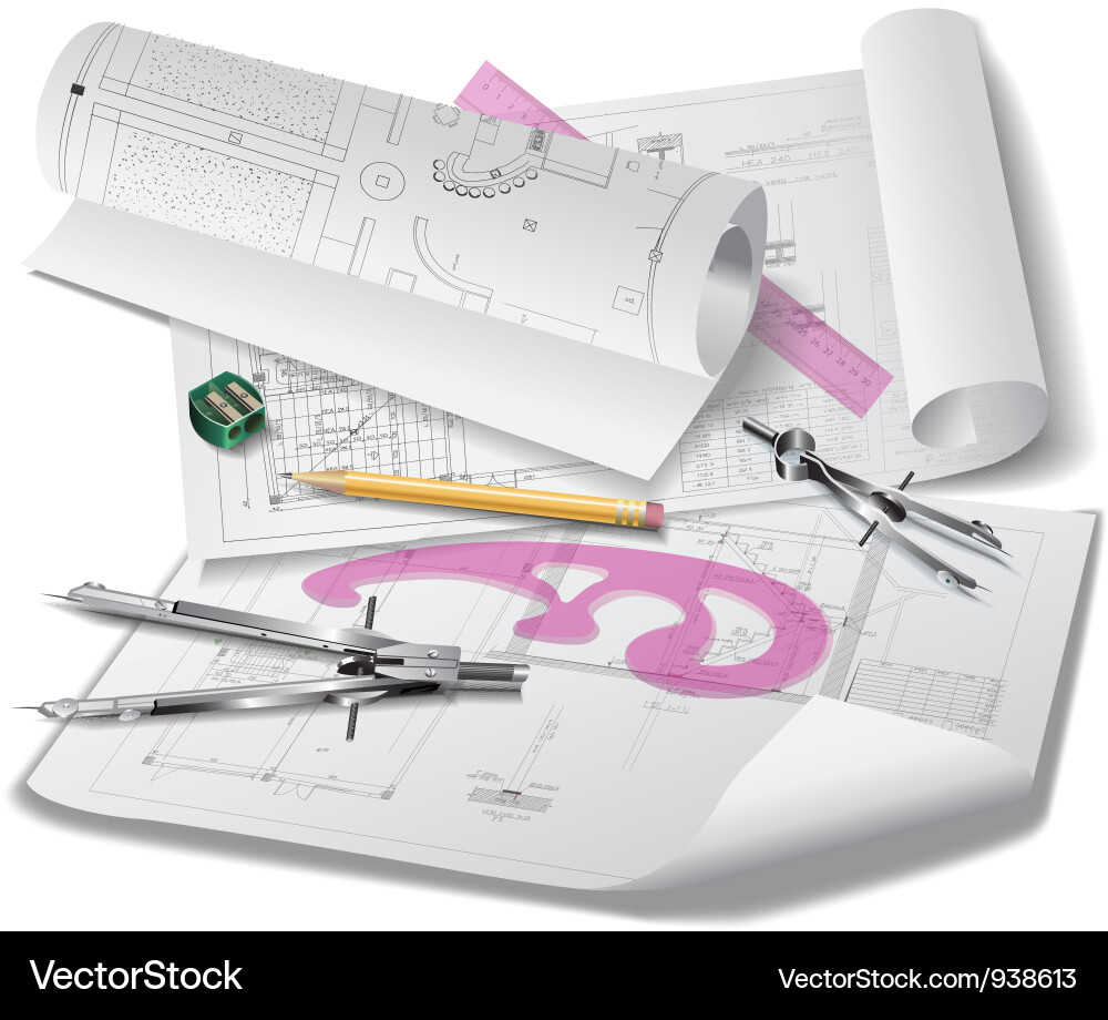 Architectural Blueprint with Drawing Tools Vector Image