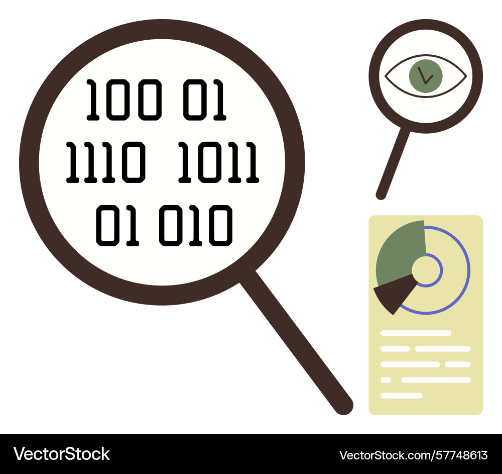 Binary code under magnifying glass with eye Binary code under magnifying glass with eye Vector Image