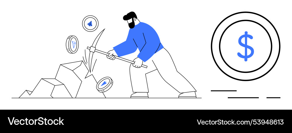 Man mining cryptocurrency with pickaxe Vector Image