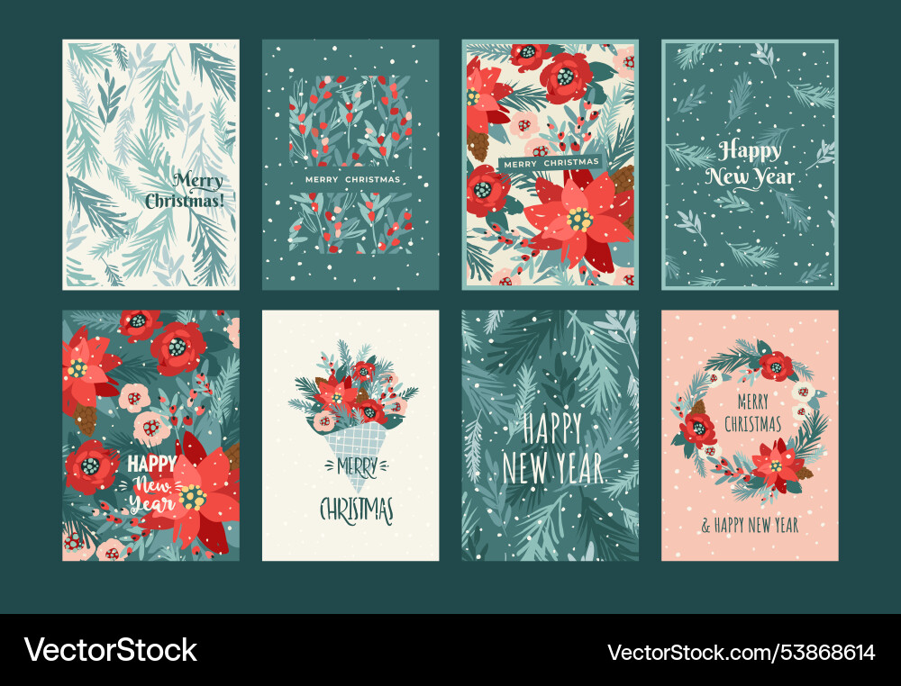 Christmas and happy new year cards with flowers Christmas and happy new year cards with flowers vector image