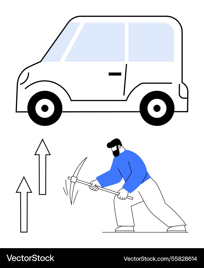 Man mining resources below car with arrows Man mining resources below car with arrows vector image