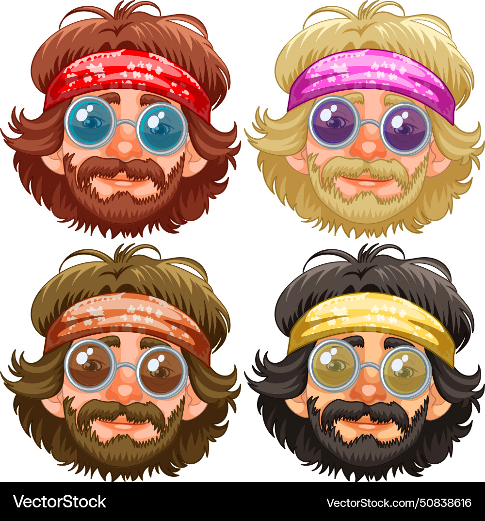 Four faces with bandanas and round glasses Four faces with bandanas and round glasses vector image