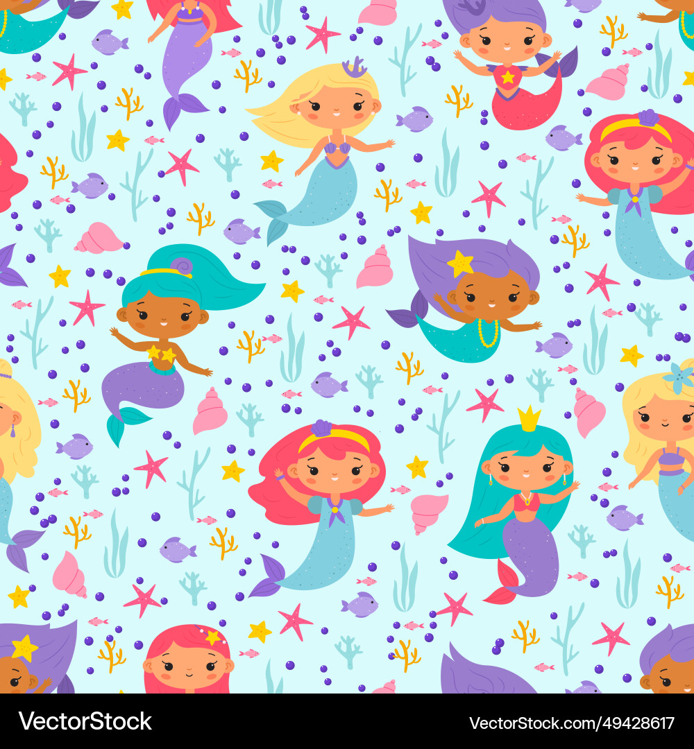 Seamless pattern with mermaids funny little Seamless pattern with mermaids funny little Vector Image