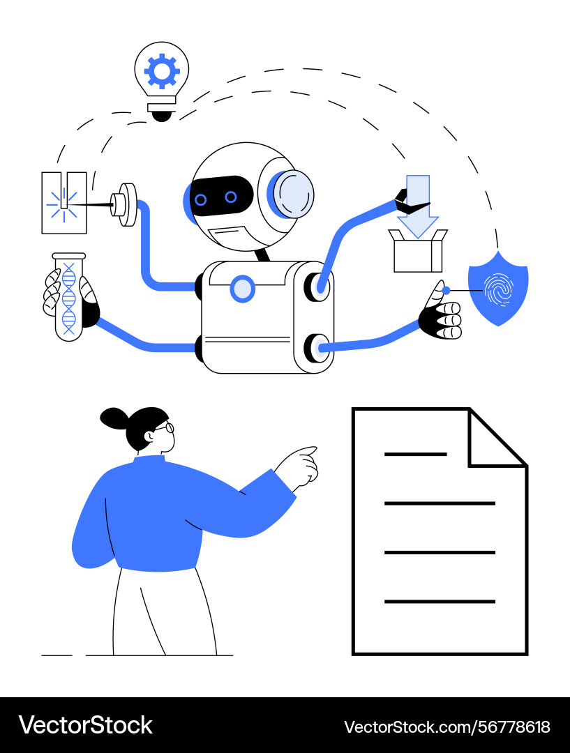 Robot performing multitasking operations while Robot performing multitasking operations while vector image