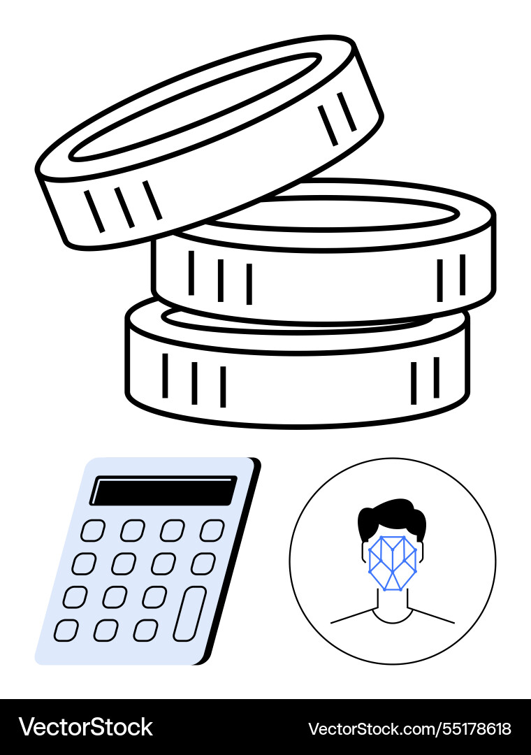 Stacked coins with calculator and face recognition Stacked coins with calculator and face recognition Vector Image